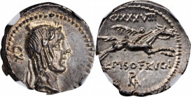 ROMAN REPUBLIC. L. Calpurnius Piso Frugi. AR Denarius, Rome Mint, 90 B.C. NGC MS.

Cr-340/1; Syd-661. Obverse:  Laureate head of Apollo right; CX to l...