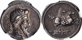 ROMAN REPUBLIC. Q. Titius. AR Denarius, Rome Mint, 90 B.C. NGC EF. Edge Marks.

Cr-341/1; Syd-691. Obverse: Bearded head of Mutinus Titinus right, wea...