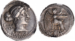 ROMAN REPUBLIC. M. Cato. AR Denarius (3.94 gms), Rome Mint, 89 B.C. NGC EF, Strike: 4/5 Surface: 4/5.

Cr-343/1b; Syd-596. Obverse: Diademed and drape...