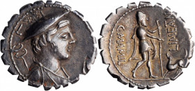 ROMAN REPUBLIC. C. Mamilius Limetanus. AR Denarius Serratus (4.00 gms), Rome Mint, 82 B.C. CHOICE VERY FINE. Edge Mark.

Cr-362/1; Syd-741. Obverse: D...