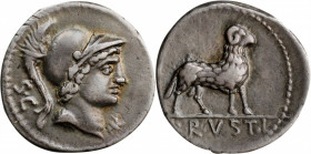 ROMAN REPUBLIC. L. Rustius. AR Denarius (3.99 gms), Rome Mint, 74 B.C. NEARLY EXTREMELY FINE.

Cr-389/1; Syd-782. Obverse: Helmeted head of young Mars...