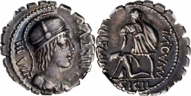 ROMAN REPUBLIC. Mn. Aquillius Mn.f. Mn.n. AR Denarius Serratus (3.91 gms), Rome Mint, 65 B.C. NGC EF, Strike: 5/5 Surface: 4/5.

Cr-401/1; Syd-798. Ob...