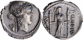 ROMAN REPUBLIC. P. Clodius M.f. Turrinus. AR Denarius, Rome Mint, 42 B.C. NGC AU. Brushed.

Cr-494/23; CRI-184; Syd-1117. Obverse: Laureate head of Ap...