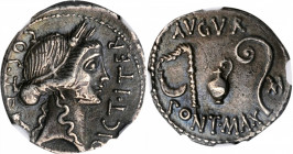 JULIUS CAESAR. AR Denarius (3.59 gms), Uncertain mint, possibly Utica, 46 B.C. NGC EF, Strike: 4/5 Surface: 2/5. Edge Cuts, Slight Bend.

Cr-467/1b; C...