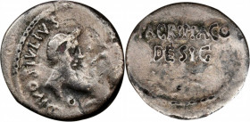 OCTAVIAN & JULIUS CAESAR. Fourree Denarius (2.88 gms), Imitation of military mint traveling with Agrippa in Gaul or Octavian in Italy, 38 B.C. or late...