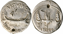 MARC ANTONY. AR Denarius (3.46 gms), Patrae(?) Mint, 32-31 B.C. VERY FINE. Bankers' Marks, Graffiti.

Cr-544/36; CRI-380; Syd-1243. Obverse: Praetoria...