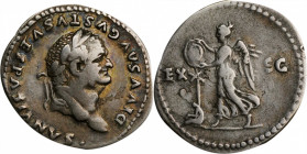 DIVUS VESPASIAN (Died A.D. 79). AR Denarius (3.39 gms), Rome Mint, commemorative issue, struck under Titus, A.D. 80-81. CHOICE VERY FINE.

RIC-364 (Ti...