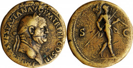 VESPASIAN, A.D. 69-79. AE Sestertius (26.27 gms), Rome Mint, A.D. 71. VERY FINE.

RIC-247. Obverse: Laureate head right; Reverse: Mars advancing right...
