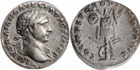 TRAJAN, A.D. 98-117. AR Denarius, Rome Mint, ca. A.D. 107-108. ANACS EF 45.

Woytek-268bC; RIC-147b var. (bust type); RSC-100. Obverse: Laureate bust ...