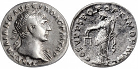 TRAJAN, A.D. 98-117. AR Denarius, Rome Mint, ca. A.D. 108-109. ANACS EF 40.

Woytek-278bC; RSC-85. Obverse: Laureate bust right, with slight drapery; ...