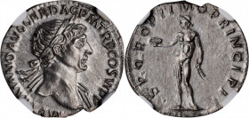 TRAJAN, A.D. 98-117. AR Denarius (3.05 gms), Rome Mint, A.D. 113-114. NGC MS, Strike: 5/5 Surface: 3/5.

Woytek-421; RIC-276; RSC-398a. Obverse: Laure...