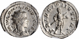 PHILIP II AS CAESAR, A.D. 244-247. AR Double-Denarius (Antoninianus) (5.54 gms), Rome Mint, A.D. 245. NGC MS, Strike: 5/5 Surface: 4/5.

RIC-216c; RSC...