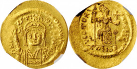 JUSTIN II, 565-578. AV Solidus (4.40 gms), Constantinople Mint, uncertain officina, 567-578. NGC MS, Strike: 4/5 Surface: 5/5.

S-345. Obverse: Helmet...