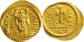 HERACLIUS, 610-641. AV Solidus (4.38 gms), Constantinople Mint, 5th Officina, 610-613. EXTREMELY FINE. Clipped, Scratched.

S-730. Obverse: Helmeted a...
