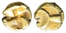 Greek
MYSIA, Kyzikos. (Circa 600-550 BC). 
EL Hemihekte (8mm 1.20g) 
Tail of tunny left on raised disk (a shield?) / Incuse square.
 Hurter & Liewald ...