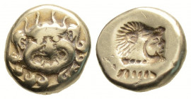 Greek
LESBOS. Mytilene. (Circa 521-478 BC).
Hekte Electrum (10.5mm 2.48g)
Facing gorgoneion with protruding tongue. / Incuse head of Herakles to right...