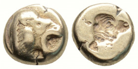 Greek
LESBOS, Mytilene. (Circa 521-478 BC). 
Hekte Electrum (10.1mm 2.48g)
Head of roaring lion right / Incuse head of calf right; rectangular punch t...
