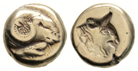Greek
LESBOS. Mytilene. (Circa 521-478 BC).
Hekte Electrum (10.3mm 2.50g)
 Ram's head to right; below, cock walking to left; to lower right [ΛΕ]. / In...