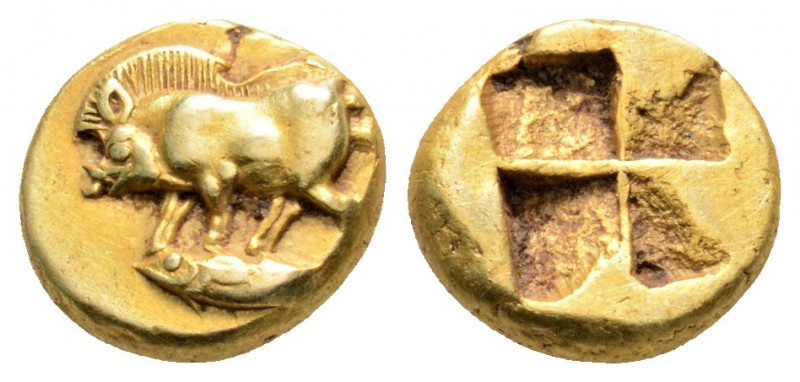 Greek
MYSIA, Kyzikos. (Circa 500-450 BC). 
EL Hemihekte (9mm 1.38g)
Boar standin...