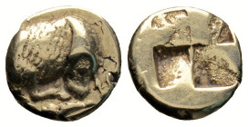 Greek
IONIA, Phokaia. (Circa 478-387 BC).
Hekte Electrum (10.5mm 2.50g)
Ram standing right, scratching head with right hind hoof; below, small seal le...