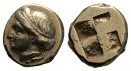 Greek
IONIA, Phokaia. (Circa 478-387 BC).
Hekte Electrum (10.3mm 2.55g)
Young female head left; below, seal left / Quadripartite incuse square. 
Boden...