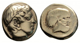 Greek
LESBOS, Mytilene. (Circa 454-428/7 BC).
Hekte Electrum (10.4mm 2.49g)
Laureate head of Apollo right / Bearded head of Silenos right within incus...