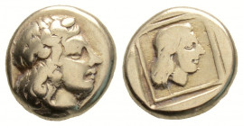 Greek
Lesbos, Mytilene . (Circa 412-378 BC).
Hekte Electrum (10.7mm 2.47g)
Laureate head of Apollo right / Female head right in incuse square, hair in...