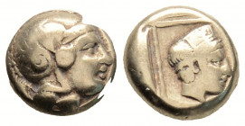 Greek
Lesbos, Mytilene. (Circa 412-378 BC).
Hekte Electrum (9.6mm 2.51g)
Head of Athena to right, wearing crested Attic helmet / Head of Artemis-Kybel...