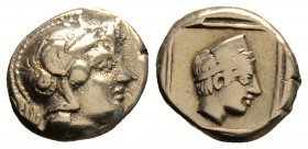 Greek
Lesbos, Mytilene.(Circa 412-378 BC).
Hekte Electrum (10.9mm 2.56g)
 Head of Athena to right, wearing crested Attic helmet / Head of Artemis-Kybe...