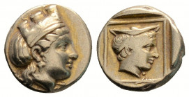 Greek
Lesbos, Mytilene. (Circa 412-378 BC).
Hekte Electrum (10.7mm 2.52g)
EL Hekte. (10,1 mm, 2.54 g)
Head of Kybele right, wearing turreted crown and...