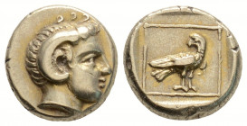 Greek
Lesbos, Mytilene. (Circa 377-326 BC)
Hekte Electrum (11.3mm 2.55g)
Head of Apollo Karneios right, with horn of Ammon / Eagle standing right, hea...