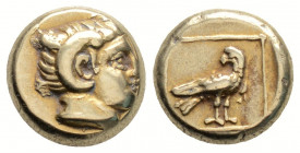 Greek
Lesbos, Mytilene. (Circa 377-326 BC)
Hekte Electrum (10.2mm 2.55g)
Head of Apollo Karneios right, with horn of Ammon / Eagle standing right, hea...