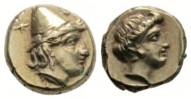 Greek
LESBOS, Mytilene. (Circa 377-326 BC).
Hekte Electrum (10.5mm 2.56g)
Head of Kabeiros right, wearing wreathed cap; two stars flanking / Head of P...