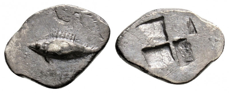 Greek
Mysia, Kyzikos . (Circa 600-550 BC.)
Obol Silver (11.7mm 0.56g)
Tunny left...