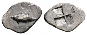 Greek
Mysia, Kyzikos . (Circa 600-550 BC.)
Obol Silver (11.7mm 0.56g)
Tunny left / Quadripartite incuse square.
Von Fritze II 5; SNG France –; SNG von...