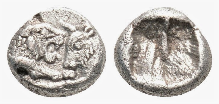Greek
Lydia, Croesus (circa 560-546 BC)
1/24 Stater Silver (6.7mm 0.45g)
Confron...