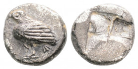 Greek
Thrace Macedonian Region. Uncertain mint (or possibly Troas, Kebren). (circa 550-450 BC).
Obol Silver (9.6mm 1.16g)
Bird (eagle ?) standing left...