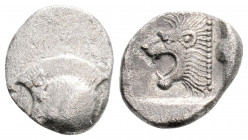 Greek
MYSIA. Kyzikos. (Circa 525-475 BC).
Diobol (12.1mm 1.23g)
Forepart of boar left; tunny behind. /Head of roaring lion left.
SNG France 361 ff.