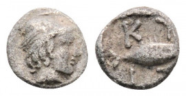 Greek
MYSIA. Kyzikos. (Circa 525-475 BC). 
Tetartemorion Silver (6.2mm 0.24g)
Head of Hermes to right, wearing winged pilos./KY-ΖI Tunny to right; all...