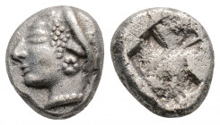 Greek
IONIA. Phokaia. (Circa 521-478 BC.) 
Diobol Silver (9.4mm 1.33g)
Head of a nymph to left, wearing sakkos adorned with a central band and circula...