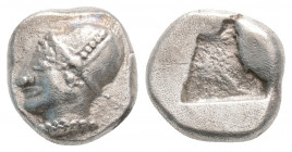 Greek
IONIA. Phokaia. (Circa 521-478 BC)
Diobol Silver (9.7mm 1.39g)
Head of a nymph to left, wearing plain sakkos, dotted circular earring, and a pea...