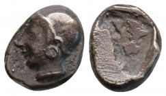 Greek
IONIA. Phokaia. (Circa 521-478 BC).
Diobol Silver (10.3 mm 0.99 g)
Head of a nymph to left, wearing plain sakkos, dotted circular earring, and a...
