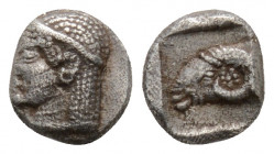 Greek
TROAS. Kebren. (circa 5th century BC).
Obol Silver (6.8mm 0.49g)
Archaic head (Apollo?) left. / Head of ram left within incuse square.
Cf. SNG A...