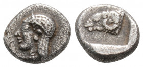 Greek
TROAS, Kebren. (circa 5th century BC). 
Diobol Silver (9.9mm 1.22g)
Head of Apollo left / Head of ram left within incuse square. 
SNG München -;...