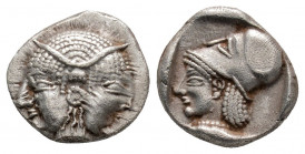 Greek
MYSIA. Lampsakos. (Circa 500-450 BC).
Diobol Silver (10.1mm 1.12g)
Female janiform head. / Helmeted head of Athena left within incuse square.
SN...