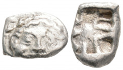 Greek 
MYSIA. Parion. (circa 5th century BC).
Drachm Silver (14.6mm 3.13g)
Facing gorgoneion with protruding tongue. / Disorganized linear pattern wit...