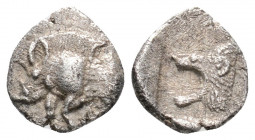 Greek
Mysia. Kyzikos (circa 480 BC.)
Obol (8.9mm 0.48g)
Forepart of boar left with short mane and dotted truncation, to right, tunny upward / Head of ...