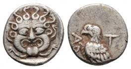 Greek
Troas. Abydos (circa 480-450 BC).
Obol Silver (10.1mm 0.80g)
Eagle standing left; T right / Head of Gorgon facing, with protruding tongue within...