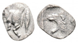 Greek
MYSIA. Kyzikos. (Circa 450-400 BC.)
Tetartemorion Silver (8mm 0.28g)
Forepart of a boar to left; to right, tunny upward. / Head of a lion to lef...