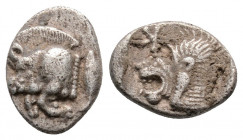 Greek
Mysia, Kyzikos (Circa. 450-400 BC)
Obol Silver (10.3mm 0.77g)
Forepart of boar left; to right, tunny upward / Head of roaring lion left; retrogr...